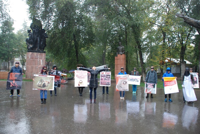 На митинг под дождем пришли только самые яростные защитники животных.
